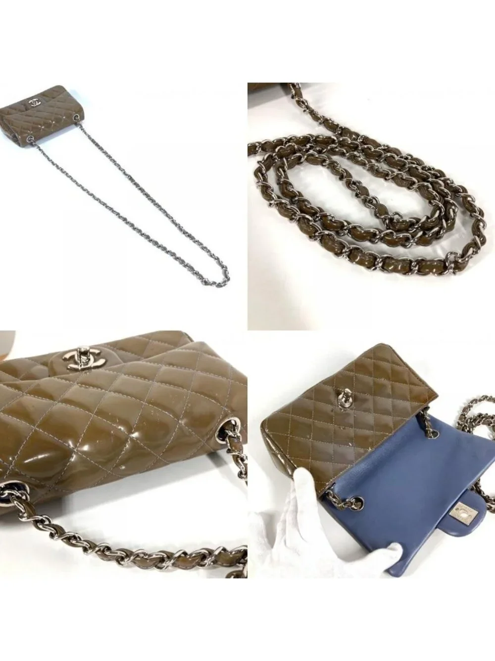 Chanel Shoulder Bag CC Logo Quilted Patent Leather Khaki